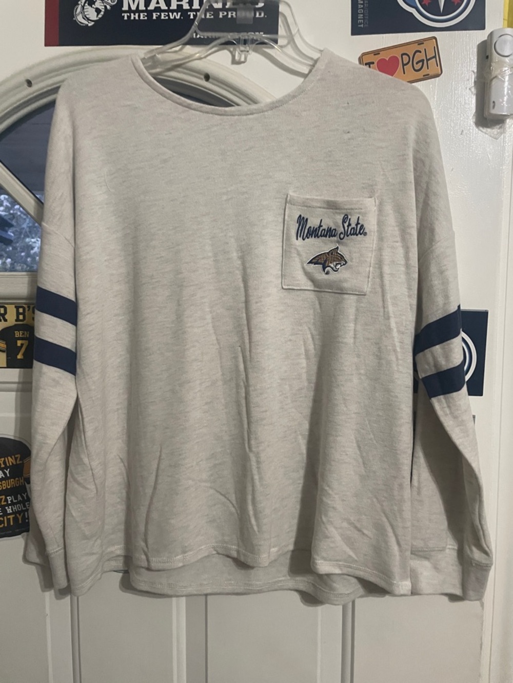 Montana State Women's Long Sleeve Pocket Tee - Light Heather with Navy Stripes
